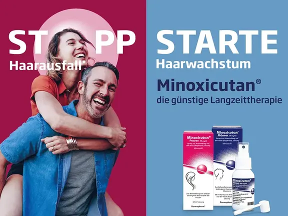 Eine lächelnde Frau umarmt einen glücklichen Mann von hinten; im Vordergrund sind Minoxicutan-Haarwuchsmittel abgebildet.